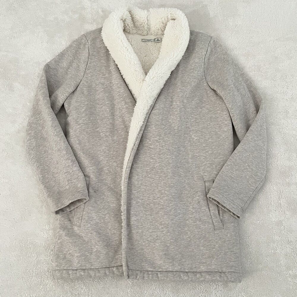 LL Bean Sherpa Cardigan Women Size M Cozy Tan Creme Pockets Long Sleeves